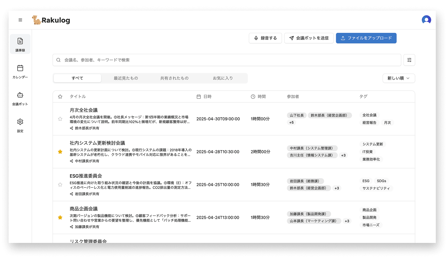 ダッシュボードで作成した議事録をクラウド管理